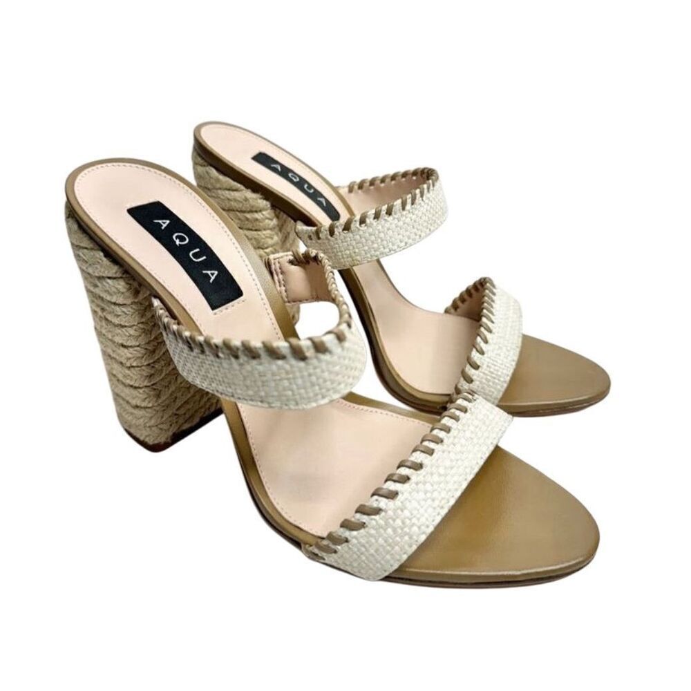 AQUA Sandals Woven Espadrille Block Heel Size 10B‎ Open Toe Double Strap NEW